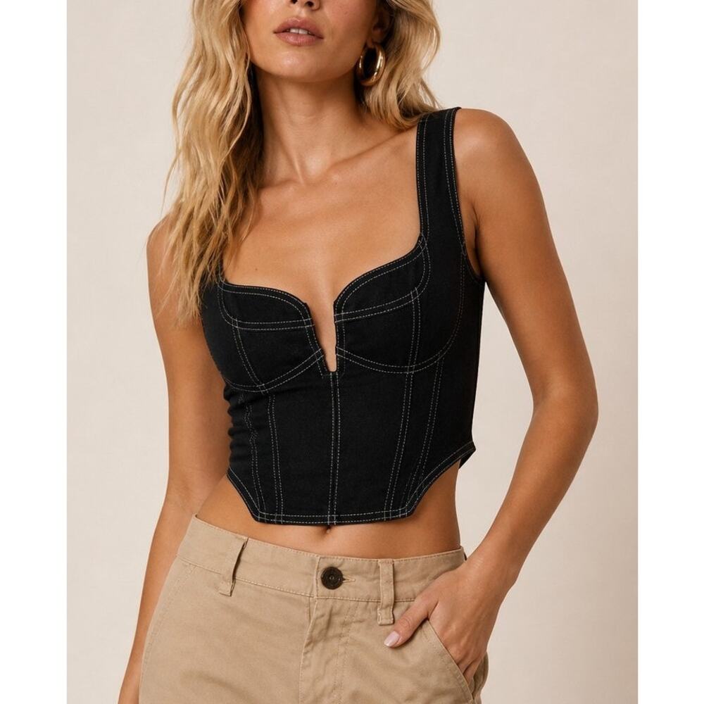12th Tribe Western Corset Bustier Zipper Crop Top Small Black Cowgirl Concert